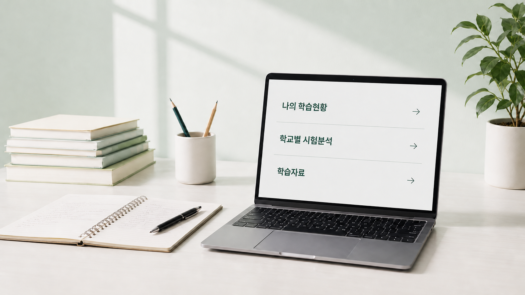 책과 노트, 나의 학습현황 안내 화면이 놓인 밝은 공부 공간